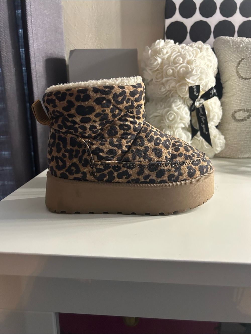 Leopard Print Cozy Kids Boot - Tan